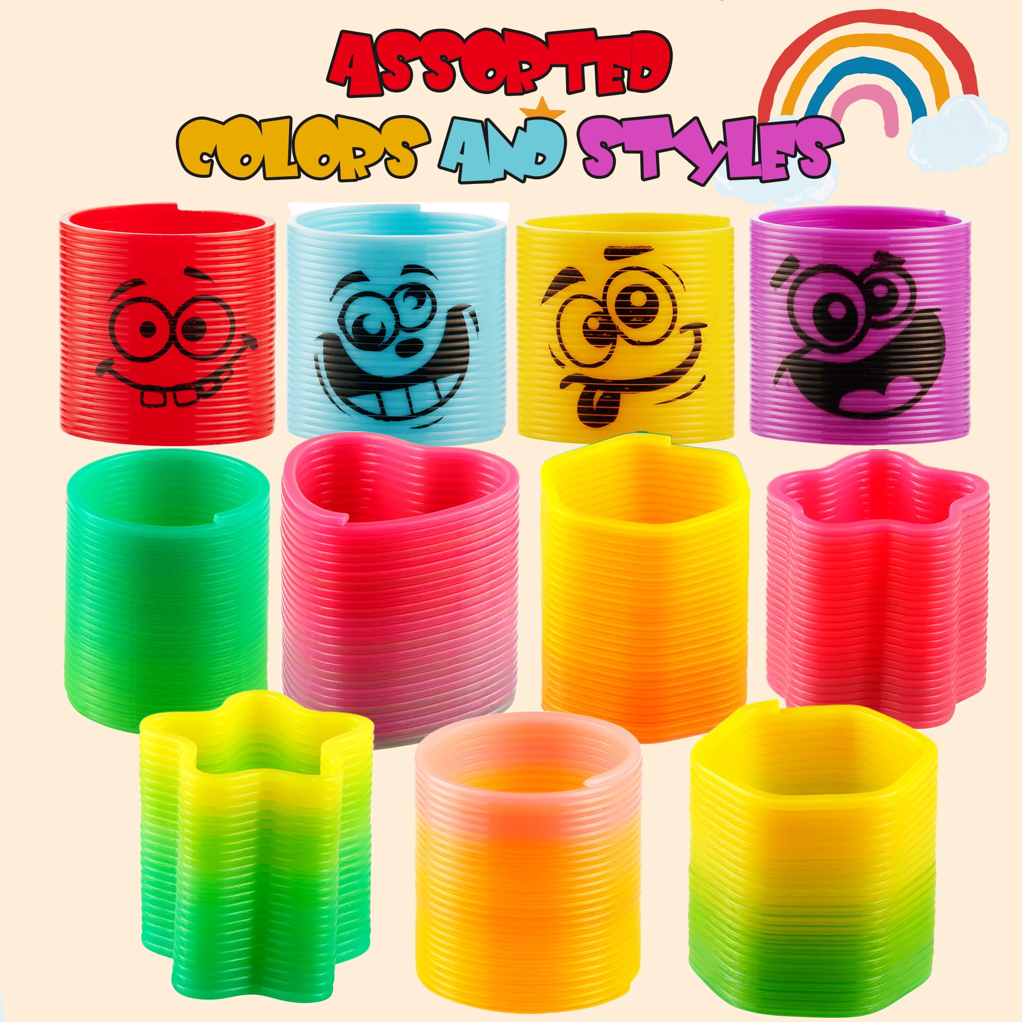 100 Pcs Mini Coil Spring Toy Party Favor - Bulk Assorted Silly Faces and Rainbow Colors, Fidget Toys, Birthday Goody Bag Filler, Prizes, Treasure Box Toys for Classroom and Halloween Treats for Kids